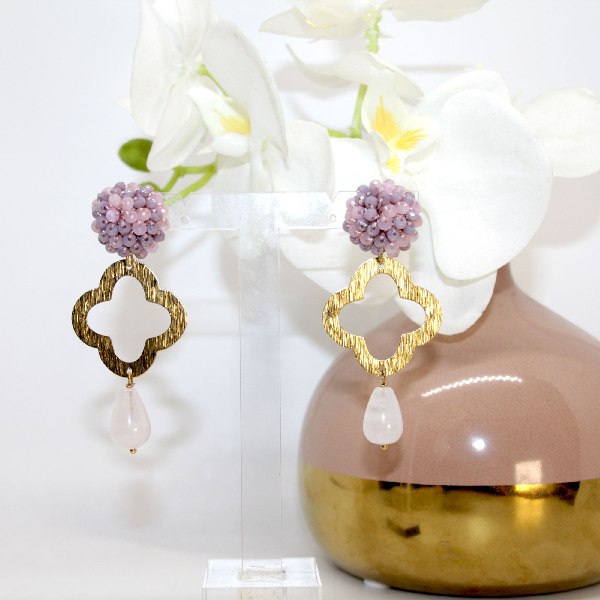 Lucky Clover Rosenquarz Ohrring